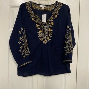 J. Jill Navy Blue Embroidered Tunic Top Boho Blouse Womens Size Small